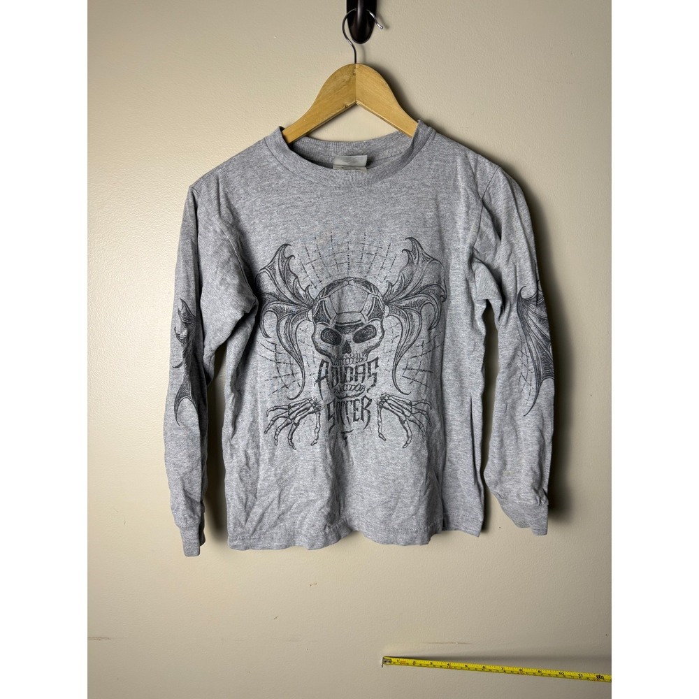 Vintage Y2K Skull Shirt Youth M Gray Long Sleeve Gothic Skull Print